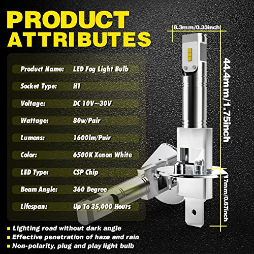 Tuincyn 1600Lm H1 Led Fog Light Bulbs Replacement 6500K White Extremely Bright High Power 80W Csp Chips Drl Daylight Led Bulb Dc 12V-24V (2-Pack) #TOP2