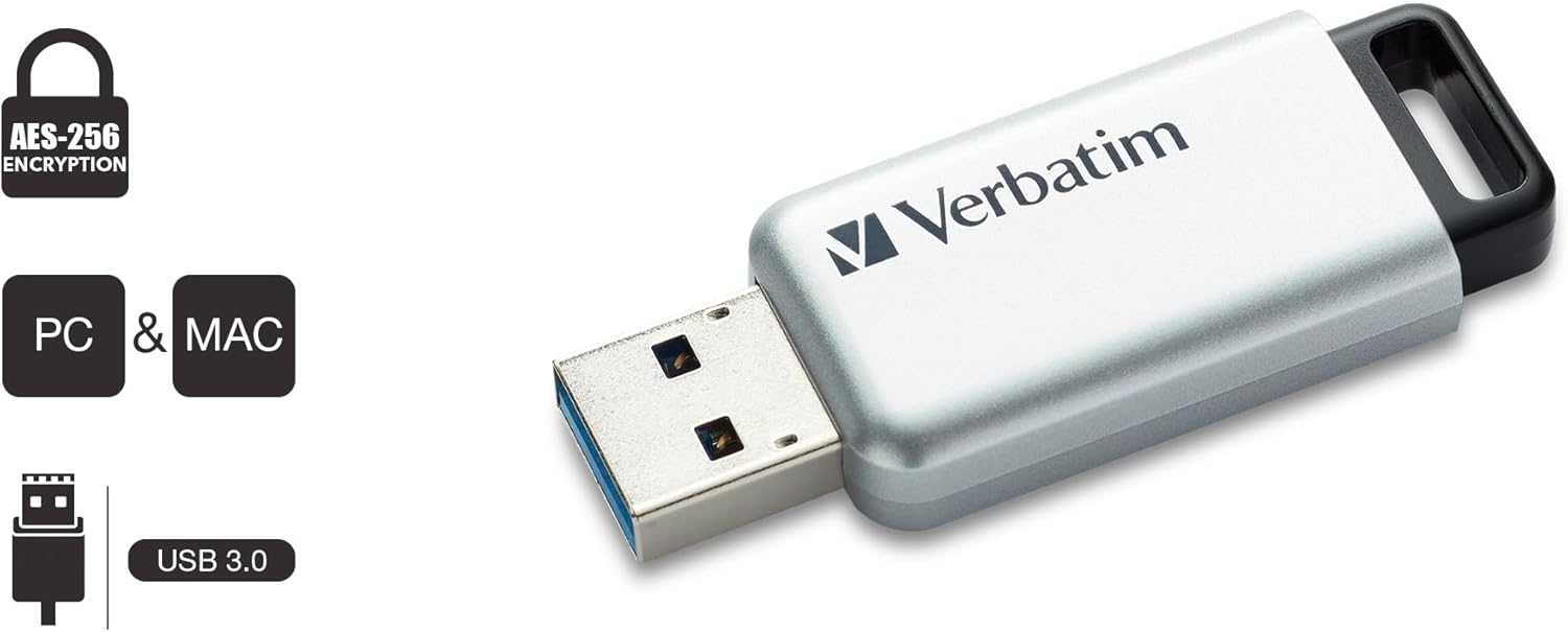 Verbatim 64GB Store'n' Go Secure Pro USB 3.0 Flash Drive with AES 256 Hardware Encryption - Silver