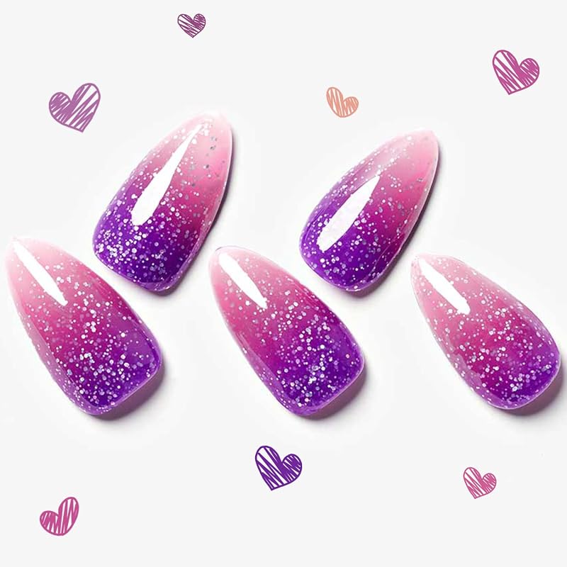 GLAMERMAID Purple Pink Press on Nails Medium Almond, Fake Nails Stiletto | Thermochromic Ombre, Glitter Pointed Glue on Nails Tip, Acrylic False Nails with Glue Salon-Quality Manicure Kit for Women