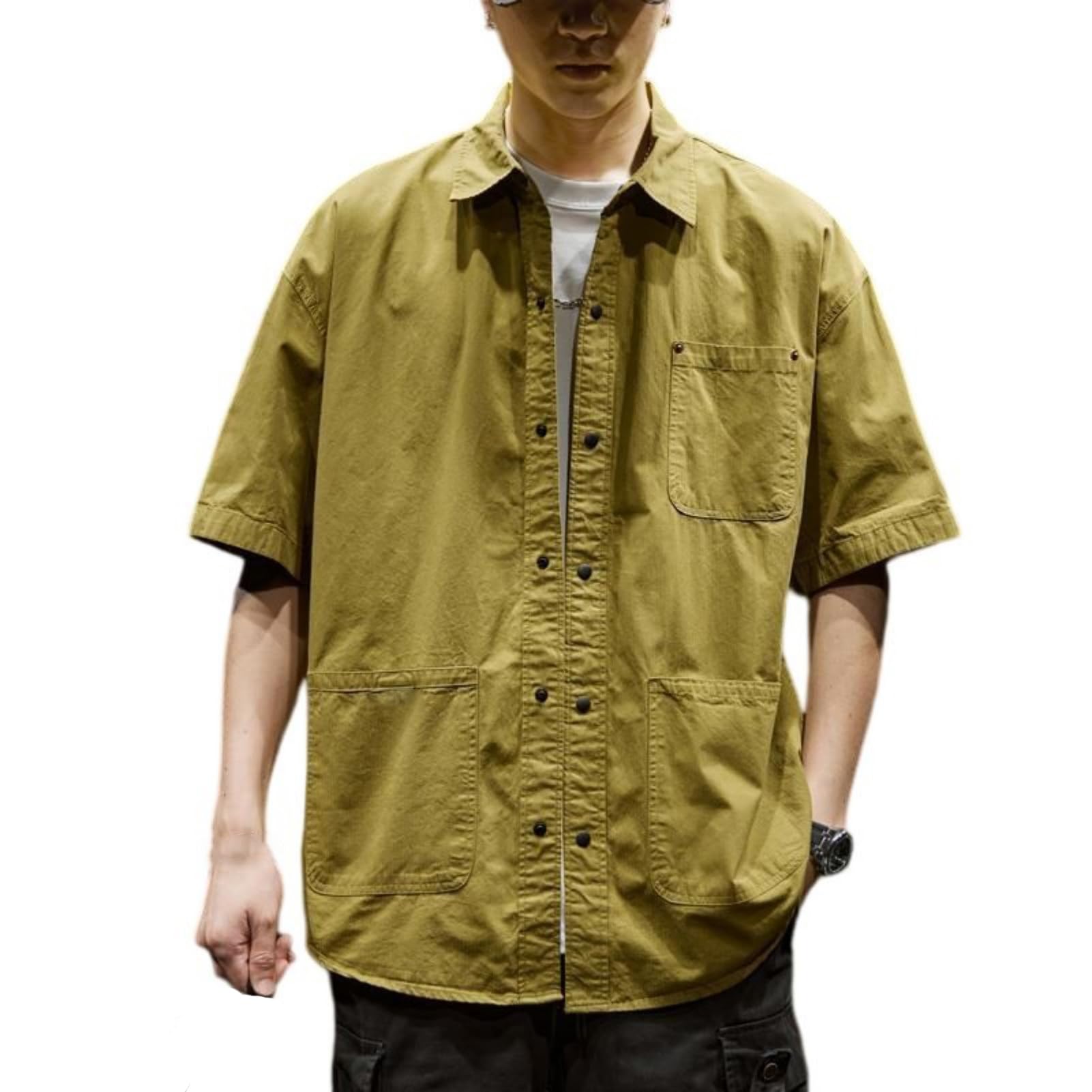 Chemise de travail manches courtes en coton ample à col pointu - 6
