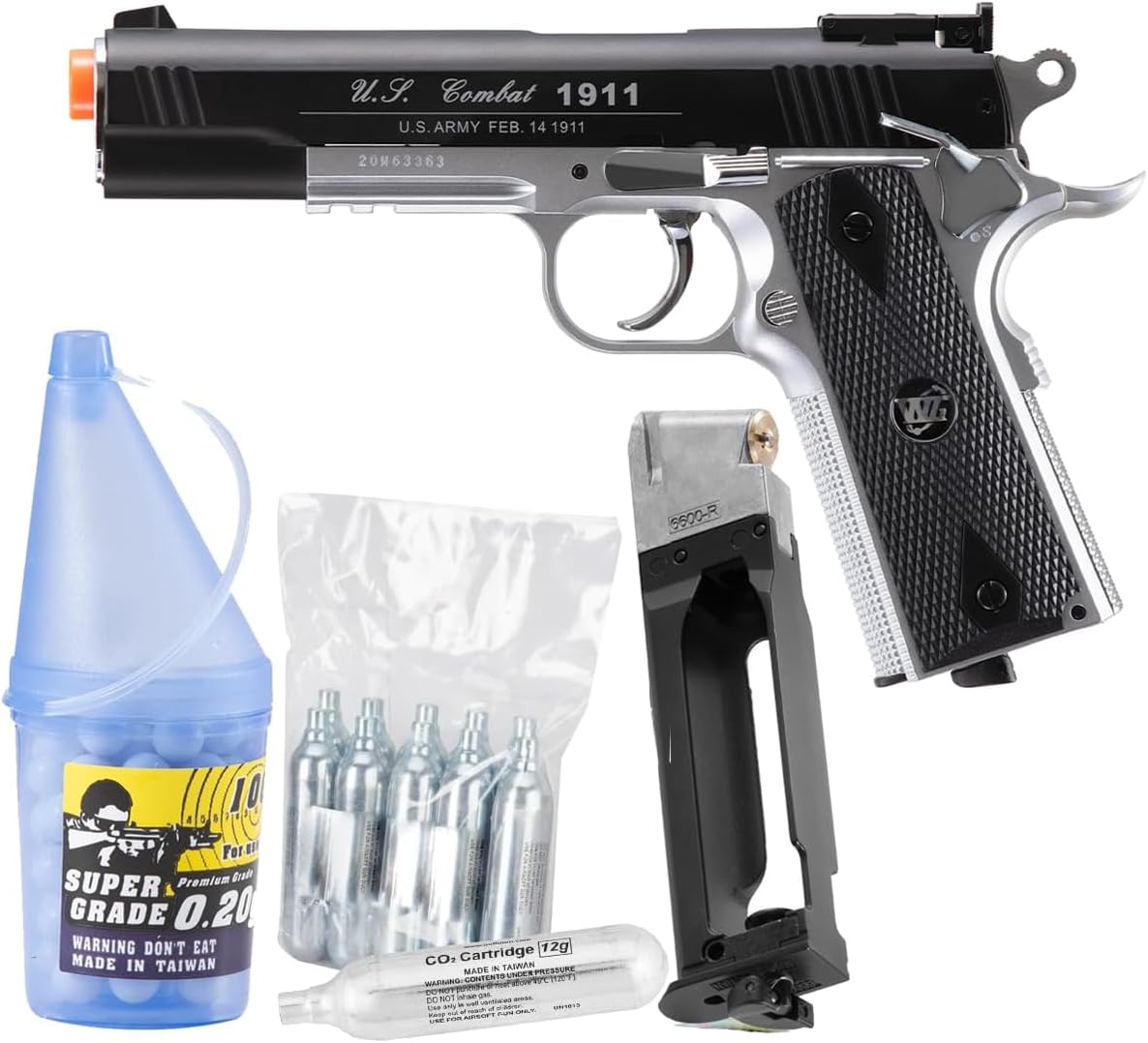 GoldenBall-WinGun New Classic 1911 CO2 Non-Blowback Airsoft Pistol Full Package-Two Magaines & 5 Count CO2 Included (Color: Black/Silver)