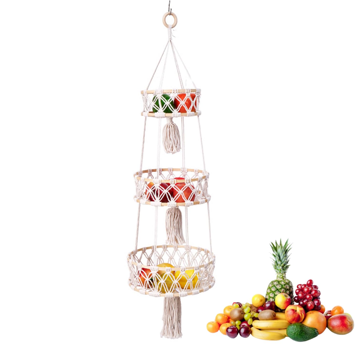 Cestino Da Appendere In Macramè, Cestino Sospeso a 3 Livelli In Cor Da Di, Cesto Di Frutta Da Parete, Stile Bohemien Cestini Portaoggetti Da Parete, Cestino Sospeso Per Cucina, Soggiorno, Balcone