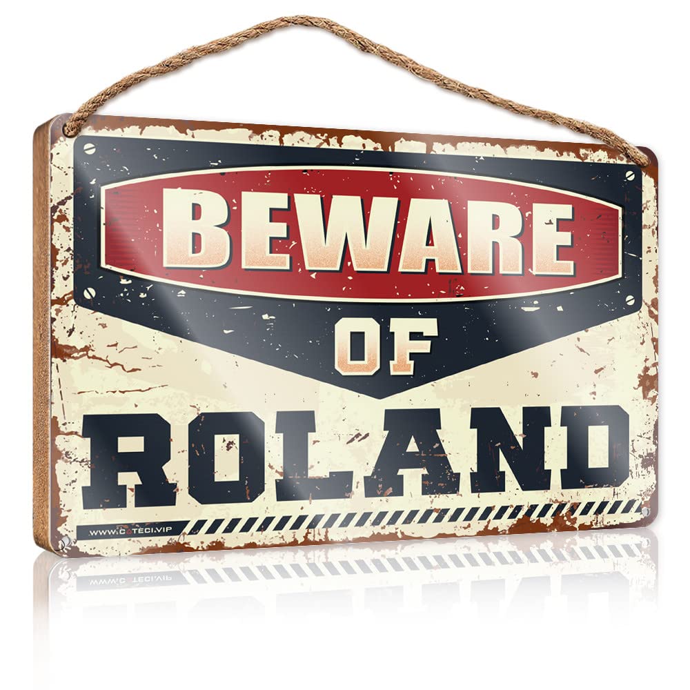 DTHA Hanging Wooden Plaque Beware Of Roland Wooden Sign Pool Stuff Bathroom Sign Funny(23X35CM)