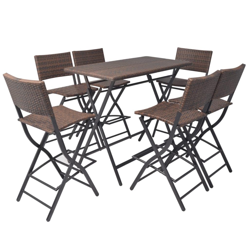 Juego de 7 sillas de bar de jardín, mesa de bar con 6 sillas de bar, plegable, aspecto de ratán, estructura de acero pulverizado, para terraza, balcón y jardín, color marrón
