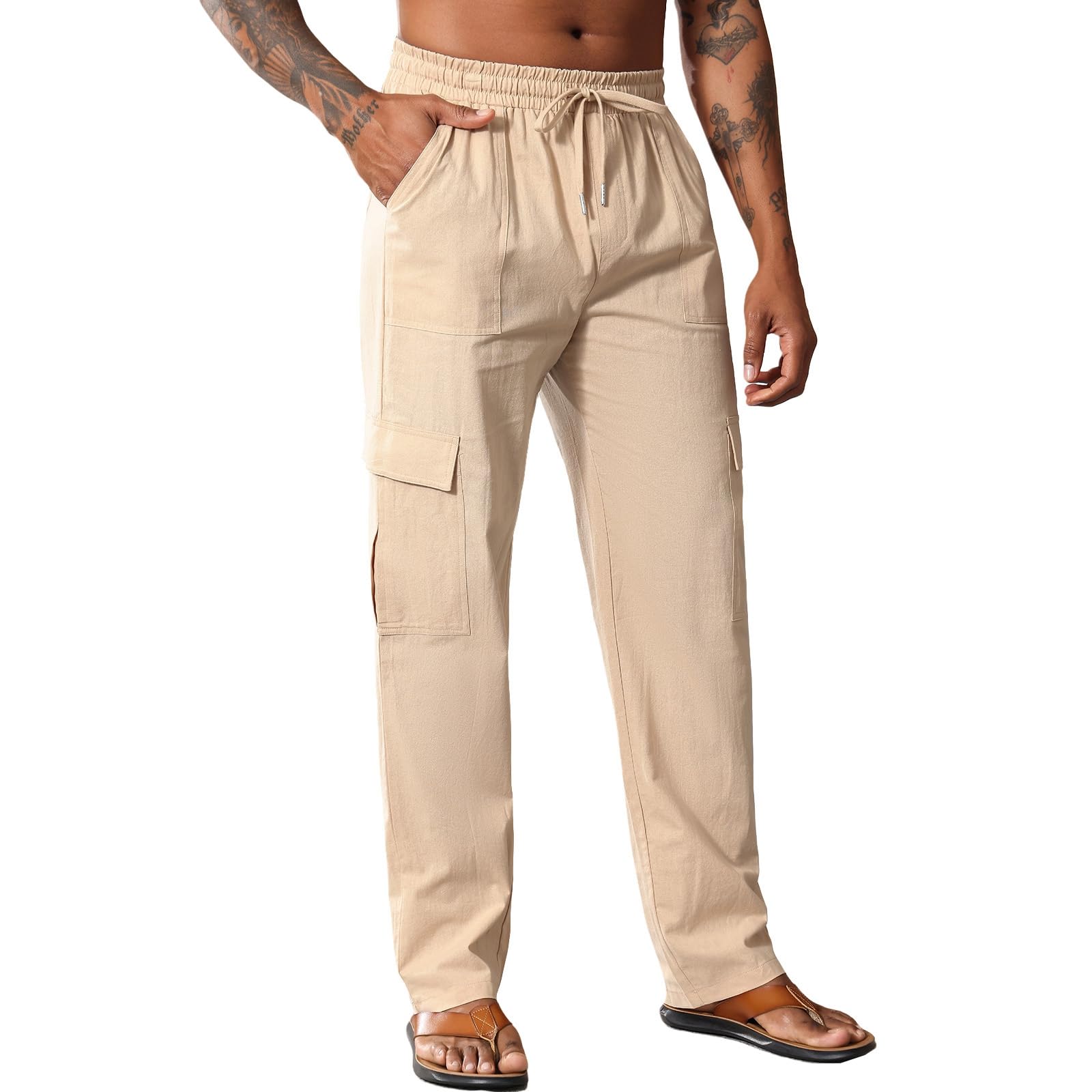 Mens Casual Linen Pants Summer Loose Fit Elastic Waist Drawstring Pants Lightweight Linen Cargo Trousers with Pockets