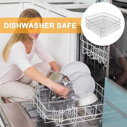 Miniatura 8 de Estante cuadrado para freidora de aire de 8 pulgadas, 3 capas de acero inoxidable apilable con clip antiescaldado, accesorios de acero inoxidable