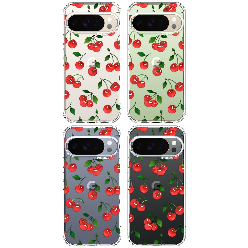 MOSNOVO Case for Google Pixel 10 & Pixel 10 Pro, [Buffertech 6.6ft Military-Grade Drop Protection] [Anti Peel Off Tech] Clear TPU Bumper Phone Case Cover Design - Cute Cherry - 4
