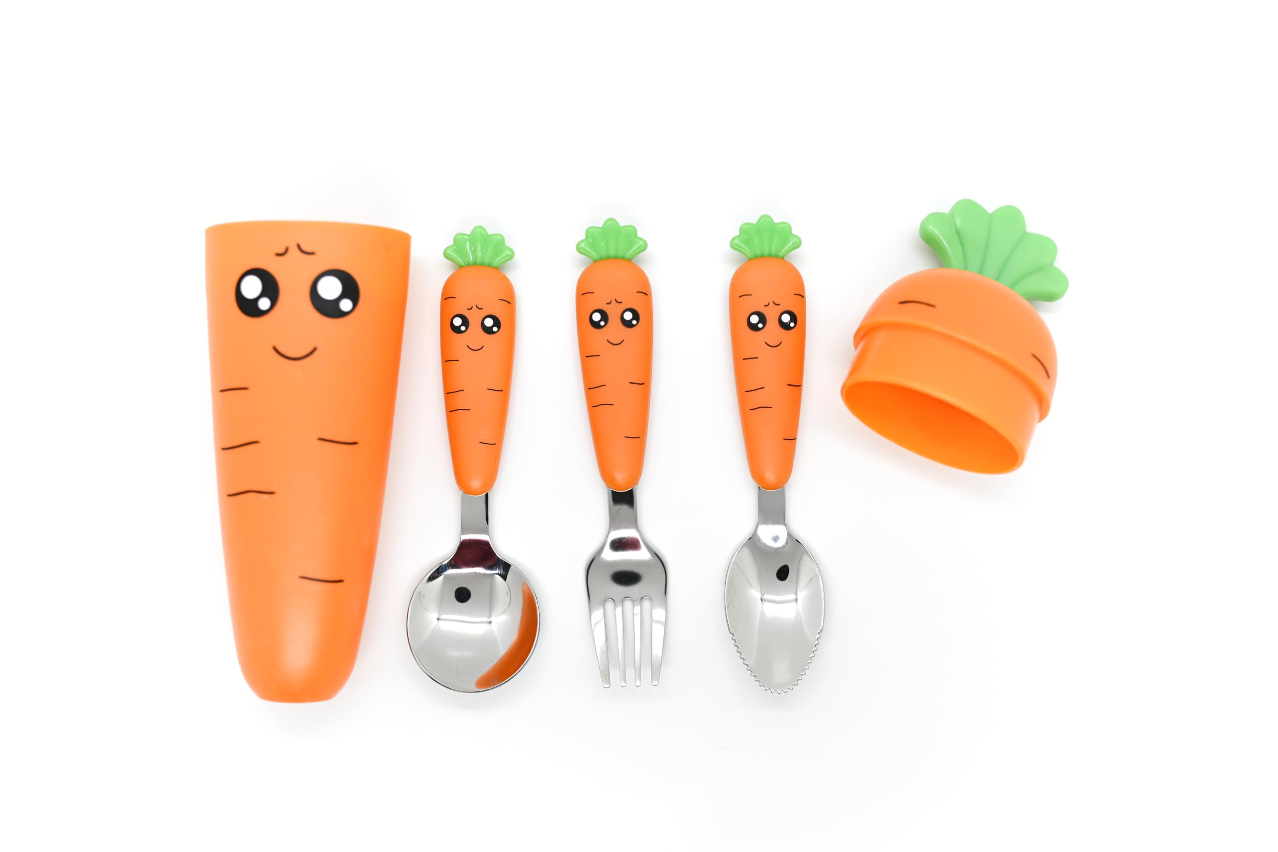 Cubertería infantil Zanahoria para niños y niñas, Llamativa para despertar su creatividad, Hogar y Colegios, Acero inoxidable, Cuchara y Tenedor