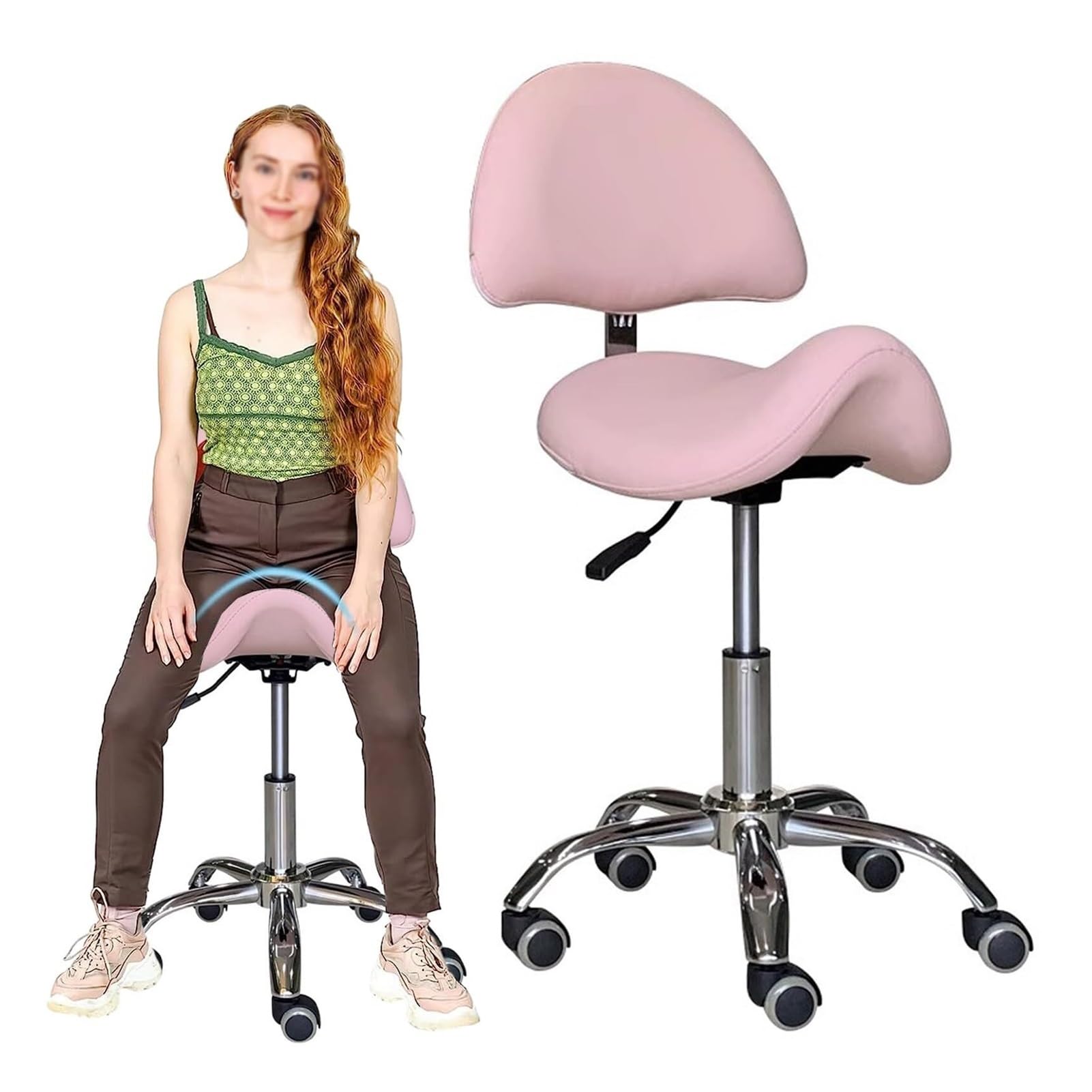 METTEOR Professional Saddle Stool Pink Home Office, 19"~25" Rolling Saddle Seat Stool, Backrest Support Saddle Chair for Dentist, Therapist