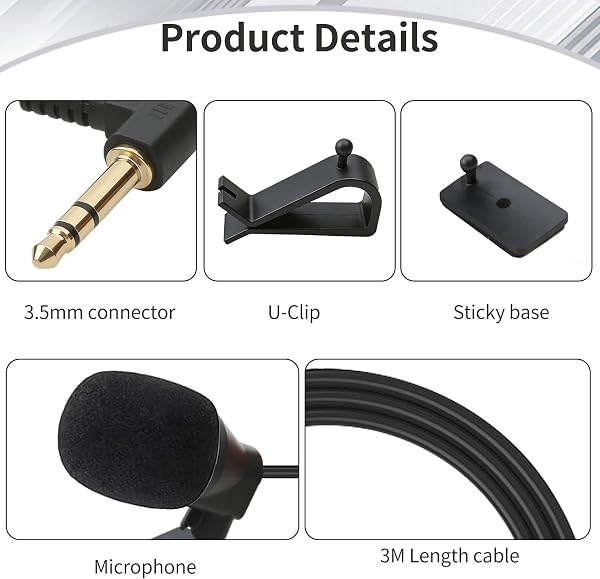 Microphone de Voiture 3,5 mm, Micro Externe pour Bluetooth Stéréo DVD Radio, Micro de Rechange avec Autocollant de Fixation, Pince en U, Plug-and-Play, Compatible avec Sony Pioneer JVC Alpine(3m) - 3