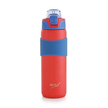 Sizzle Crest Vacuum Insulated Flask Double Wall Hot & Cold Water Bottle with Silicone Grip & Press Button Mechanism for One Hand Use | 600 ML | Sipper Bottle for Kids & Adults | Red - 1 Pc