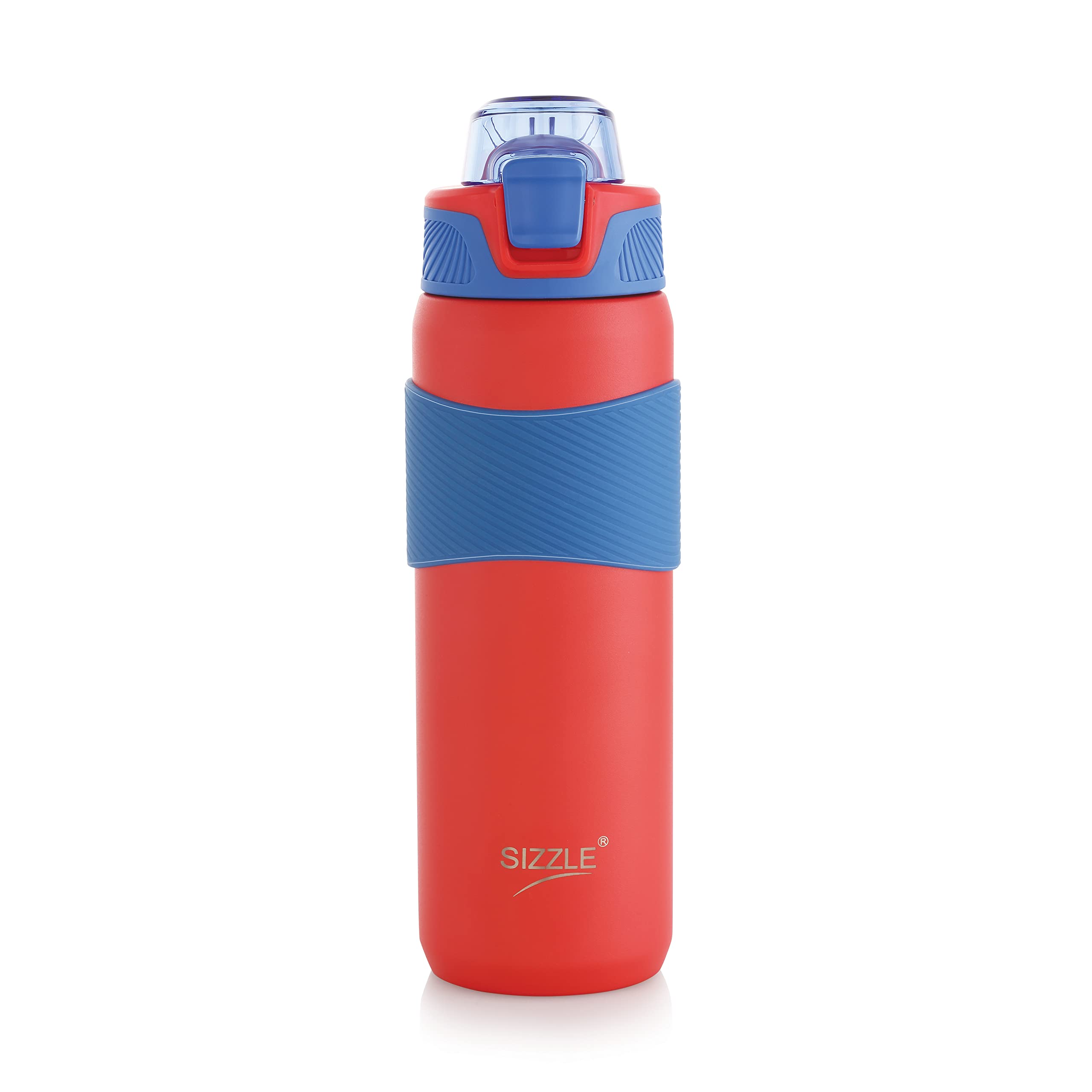 Sizzle Crest Vacuum Insulated Flask 600ml – Double Wall Stainless Steel Water Bottle with Silicone Grip & One-Hand Press Button | Hot & Cold Sipper for Kids & Adults – Red, 1 Pc