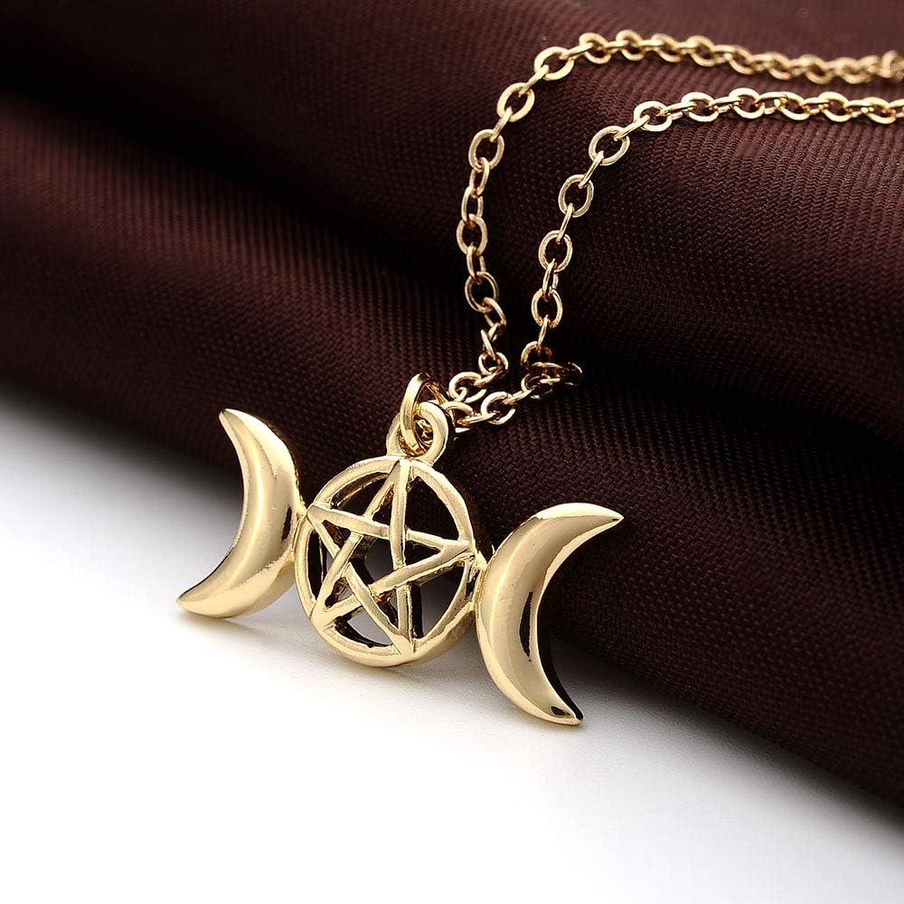 Triple Moon Goddess Pendant Necklace Pentacle Pentagram Wiccan Jewelry - Image 2