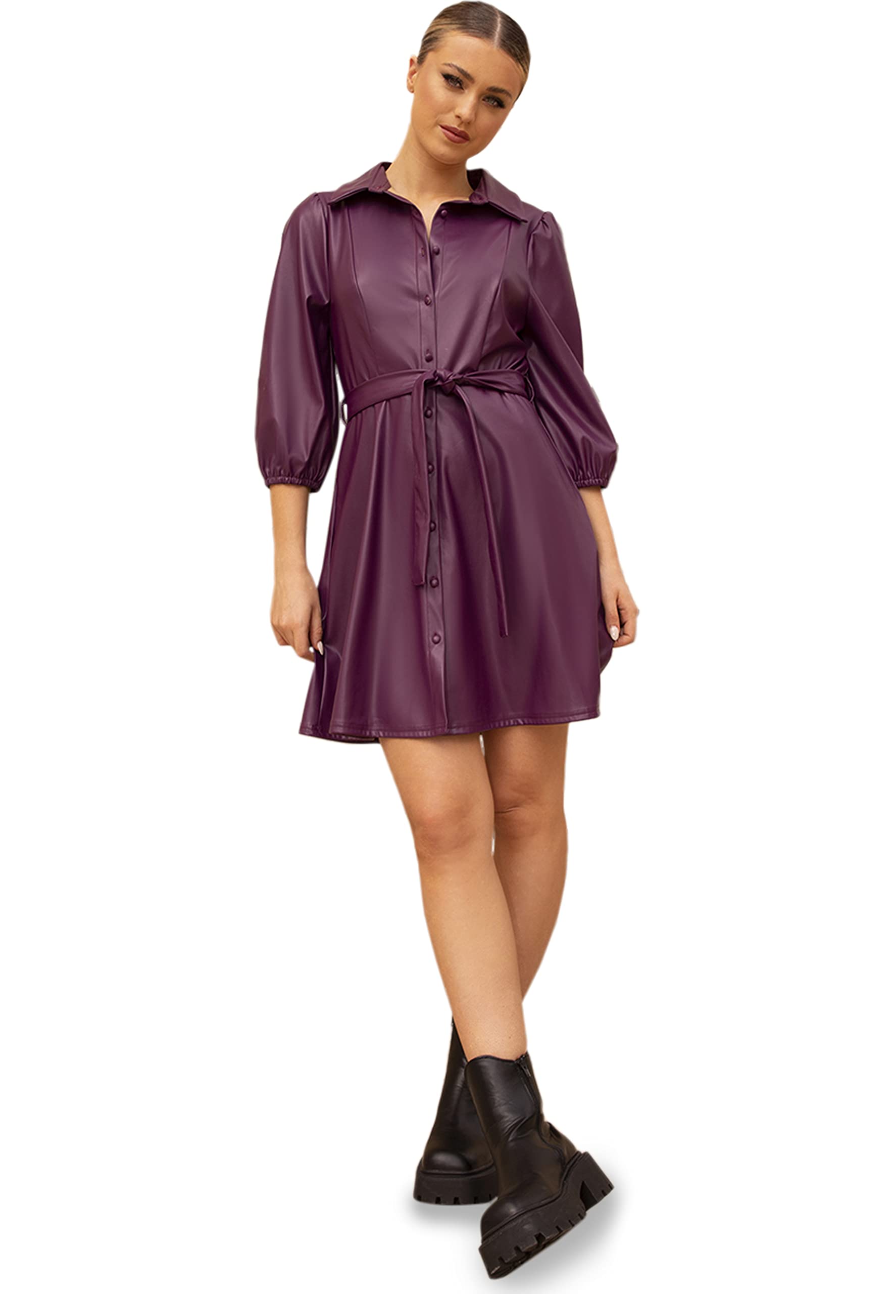 Chi Chi London Abito Camicia Pu Manica Palloncino in Viola Vestito da Sera Donna