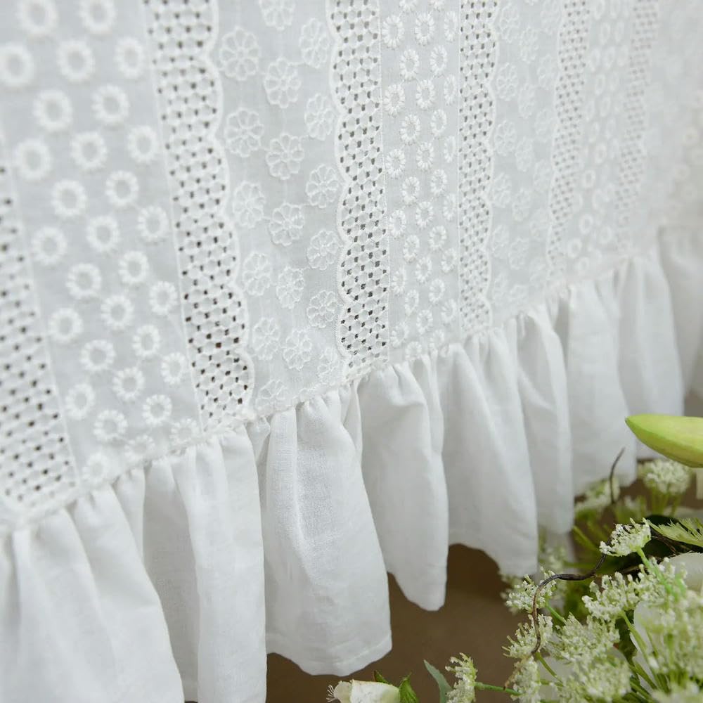 Mantel de algodón blanco con ribete de encaje, mantel de tela rústica para el hogar, fiestas, decoración de Navidad, elegante decoración de mesa de comedor