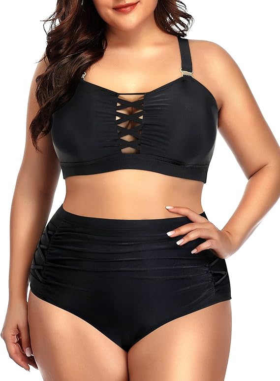 Daci Women Plus Size Two Piece Bikini Swimsuit High Waisted Bottom Ruched Lace Up Bathing Suit