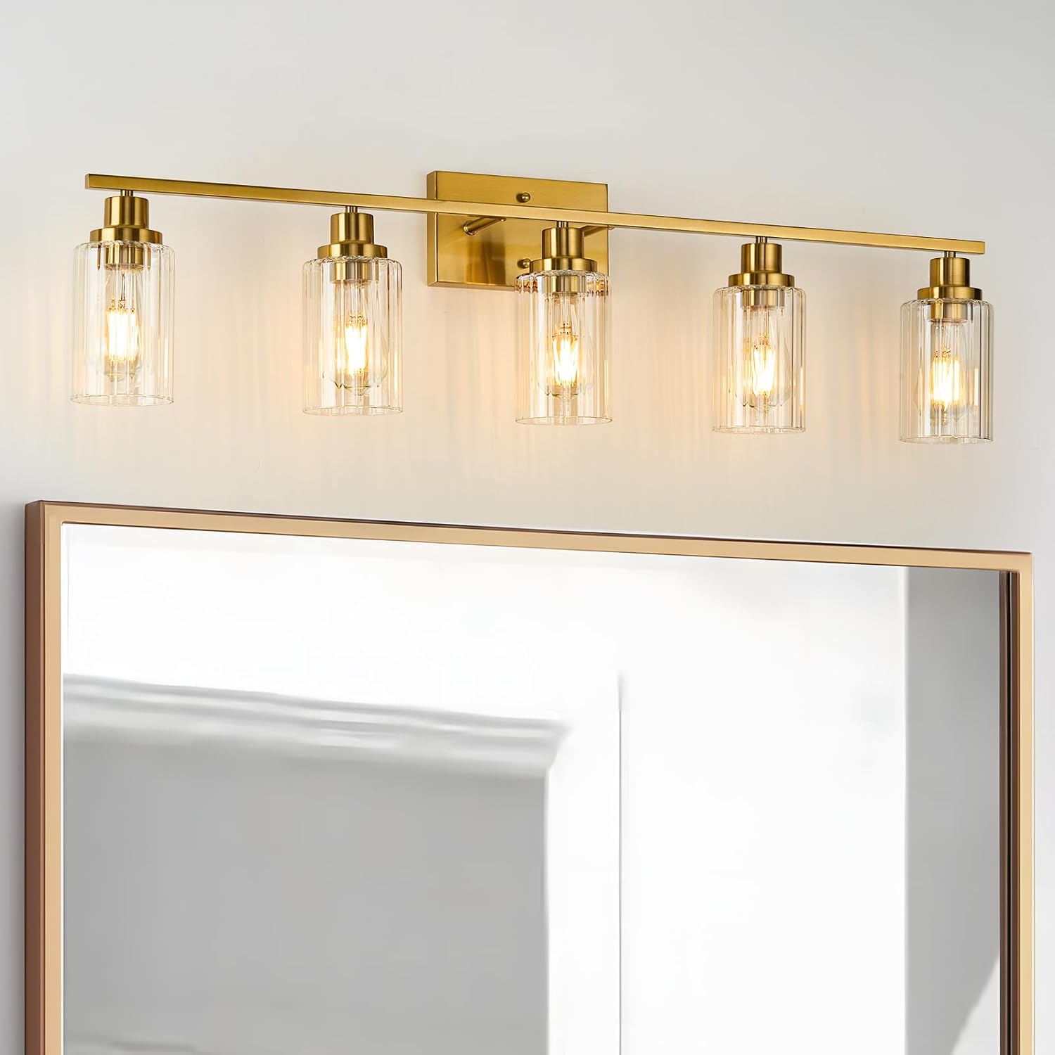 Jonsi Gold 5-Light Bathroom Vanity Light with Glass Shade, Modern Gold Bathroom Lights Over Mirror, W 40.2 x H 10.7 inches 5 Light 40.2 Inch