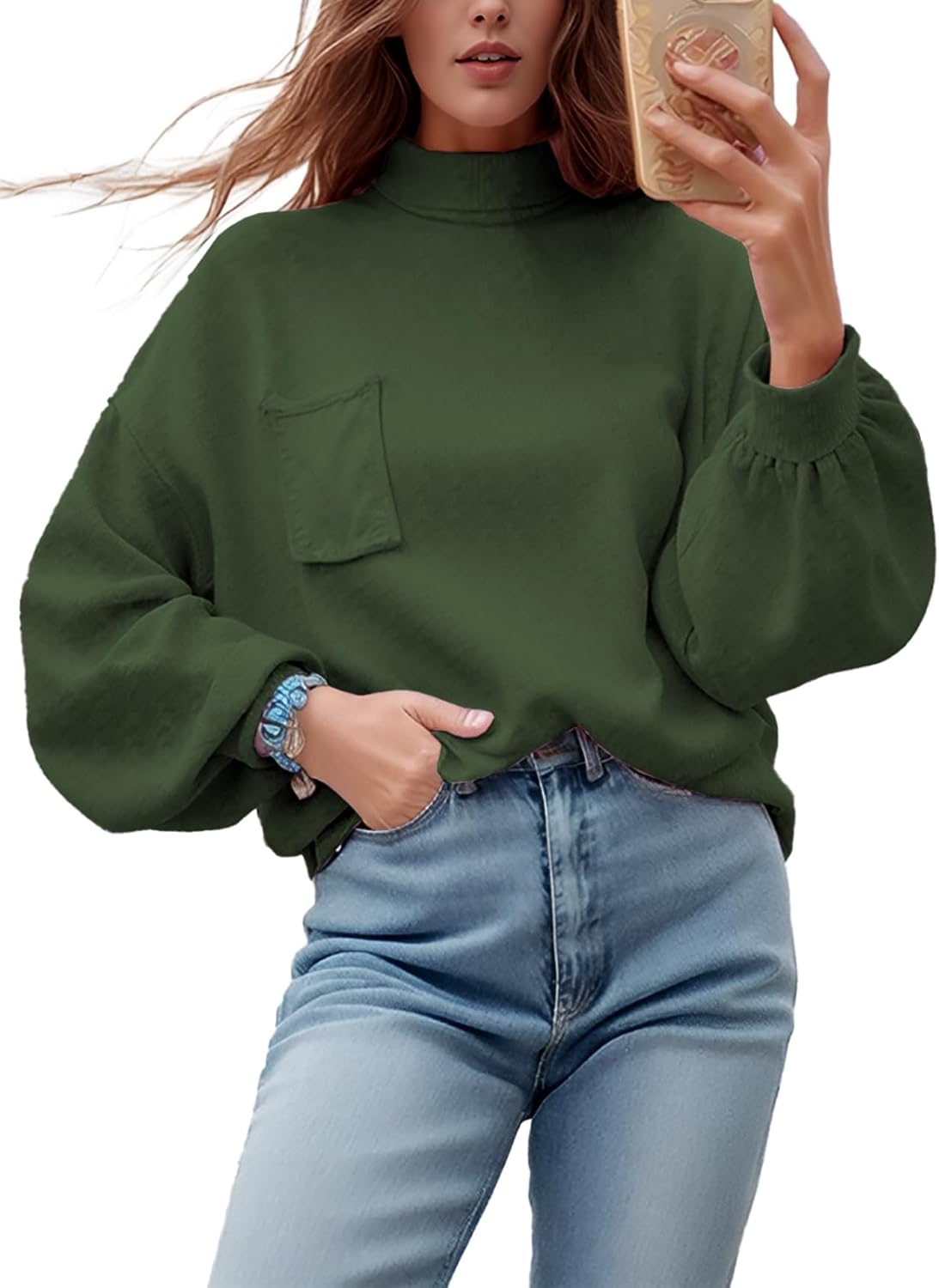 Women's Oversized Sweaters 2025 Fall Winter Casual Tops Lantern Long Sleeve Mock Neck Knit Pullover Sweaters with Pockets