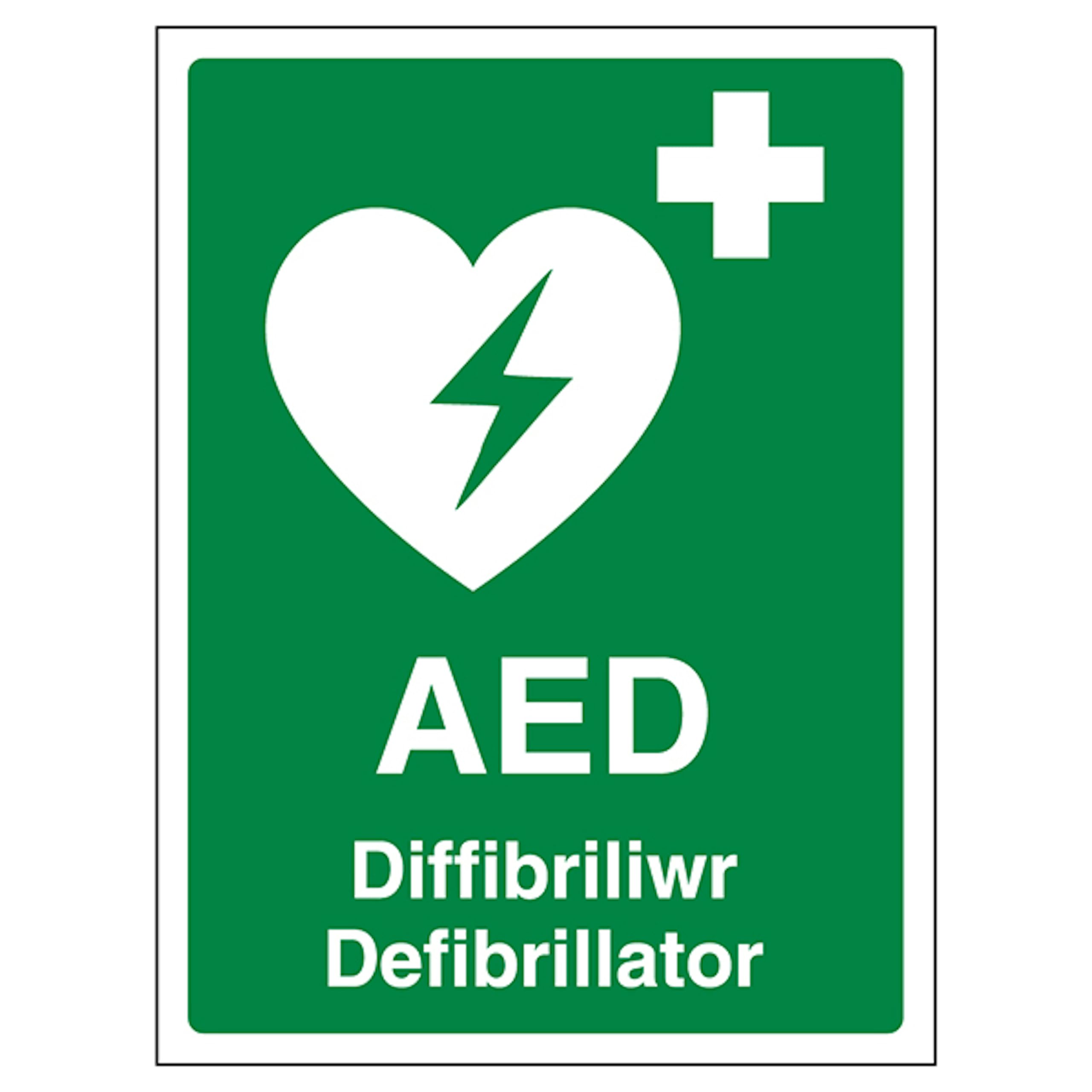 V Safety Welsh/English - AED Emergency Defibrillator 300 x 400 mm - Reinforced Super-Tough Flexi-Plastic Safety Sign