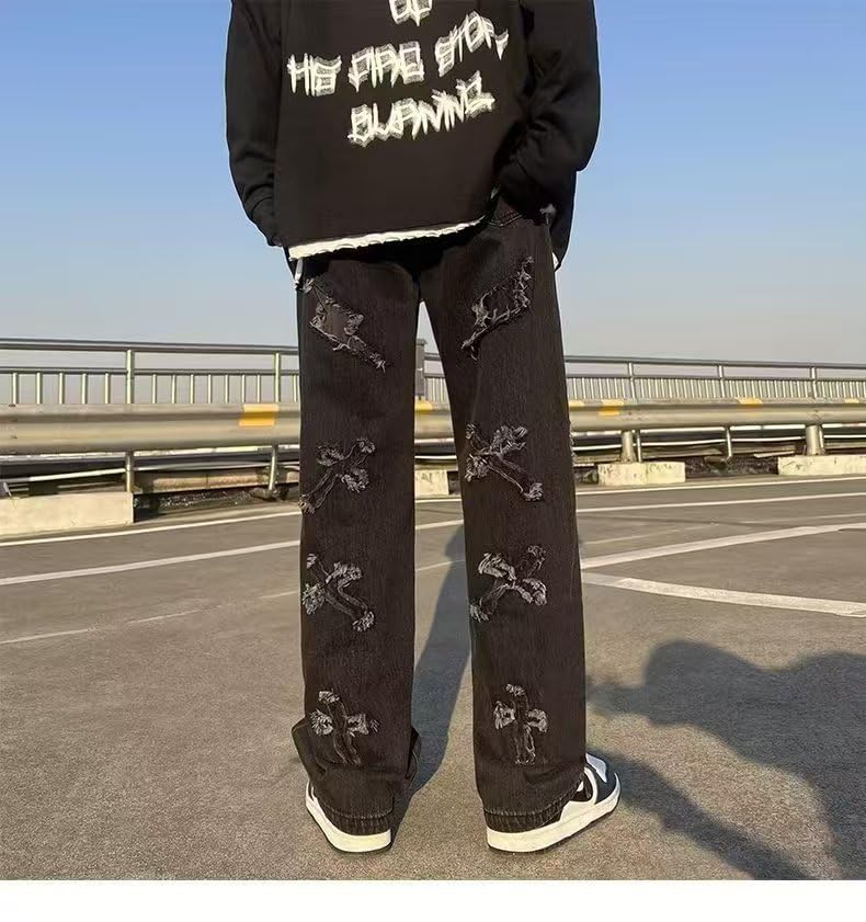 Hip Hop Streetwear Y2k Mens Pants High Street Jeans Baggy Loose Straight Casual Pants Male Cross Patch Trousers (Black,XXL,X-Large)4