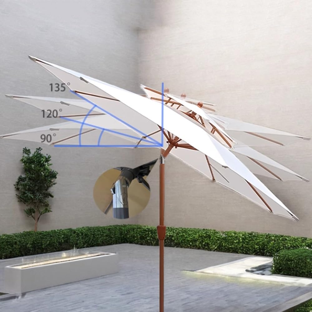 Ombrellone Da Giardino Rotondo 2.7m Ombrello Da Patio Inclinabile | Antipioggia Ombrellone Da Spiaggia Doppio Tetto Parasole Con Manovella 8 Costole Palo In Ferro