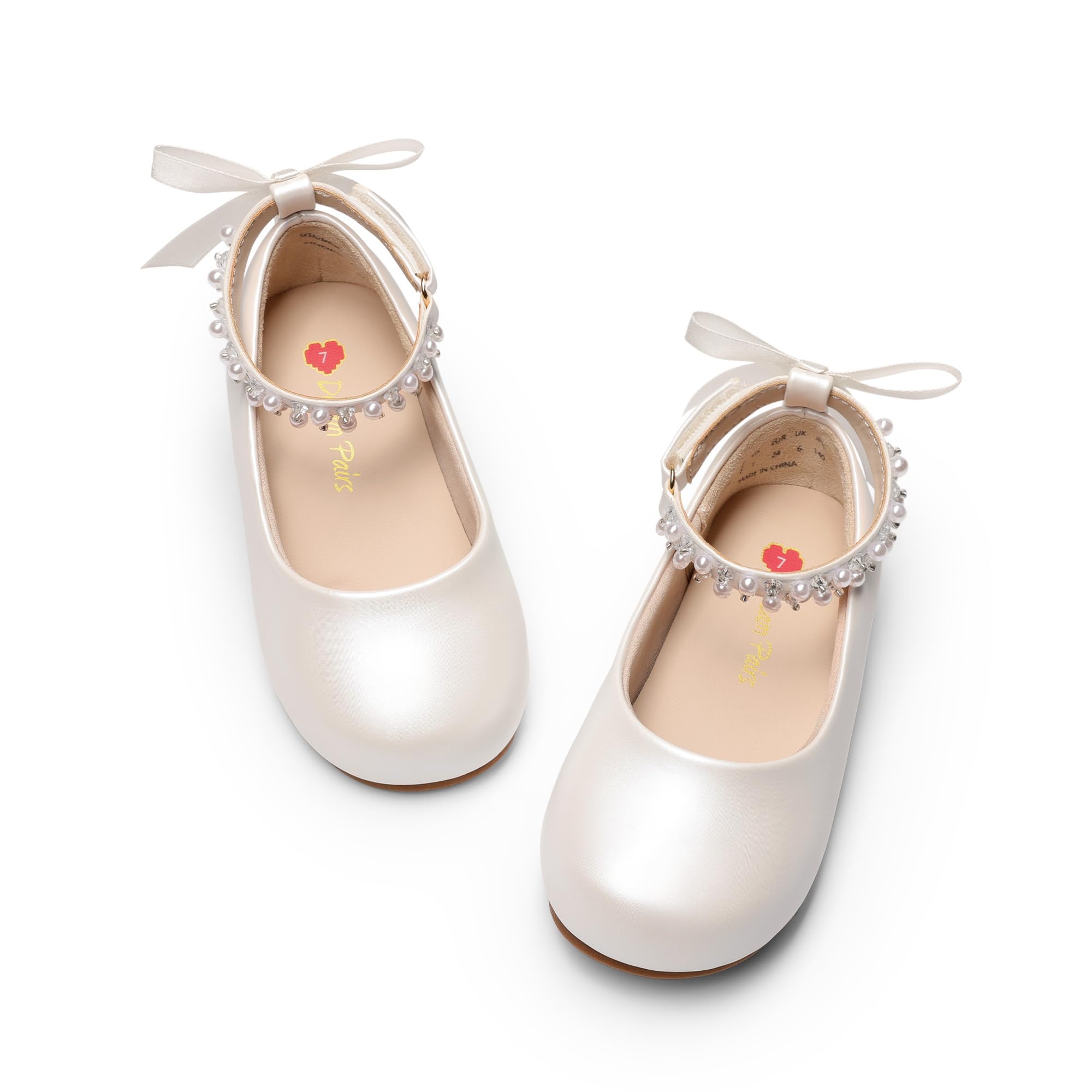 DREAM PAIRS Zapatos de vestir para niñas pequeñas, zapatos planos de ballet Mary Jane con correa de tobillo de perlas y lazo de satén para boda/fiesta, White, 27 EU