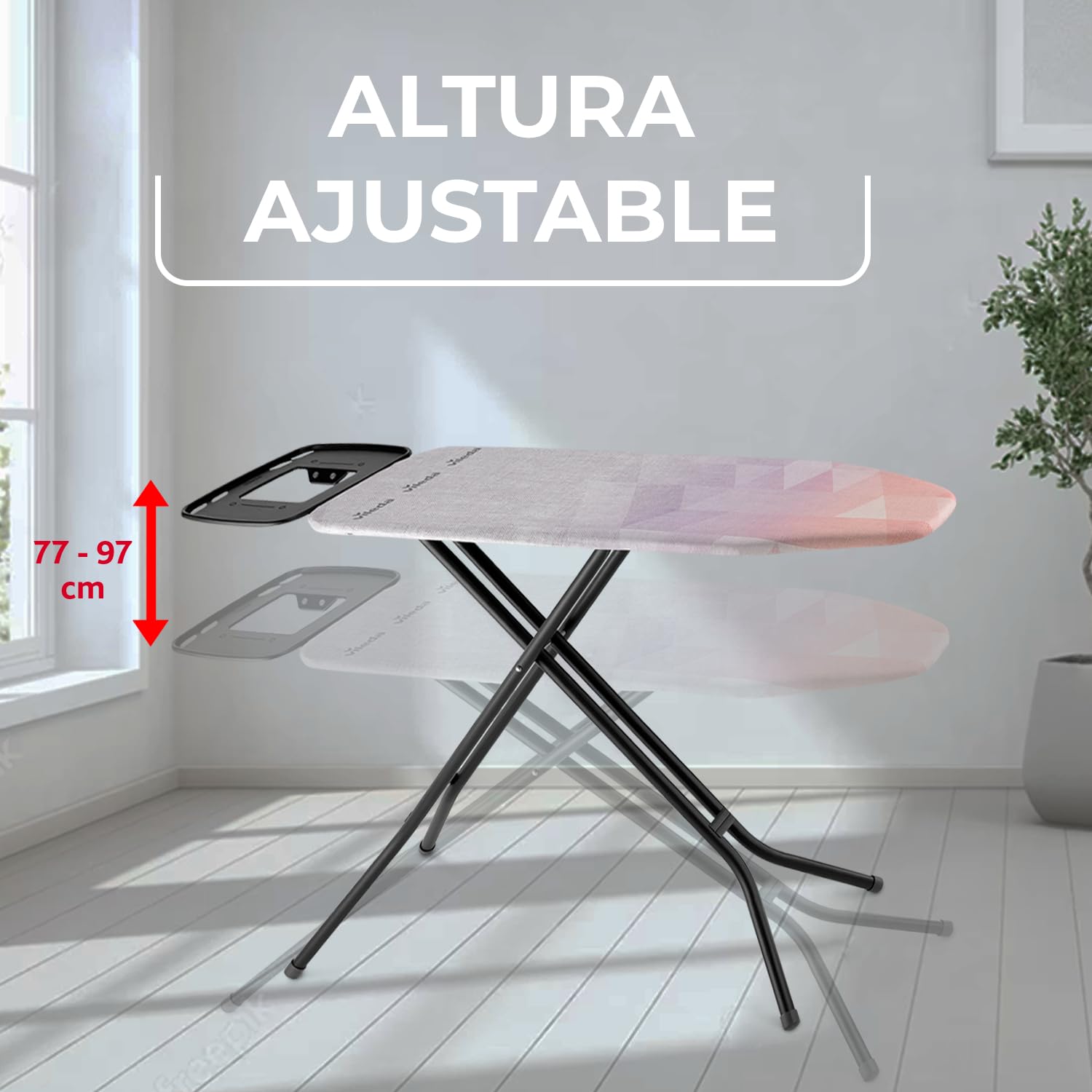 Vileda Tabla de Planchar de Acero Diamond S | Más Duradera, como Nueva | Compacta y Ligera | Altura Ajustable hasta 91 cm | Color salmón