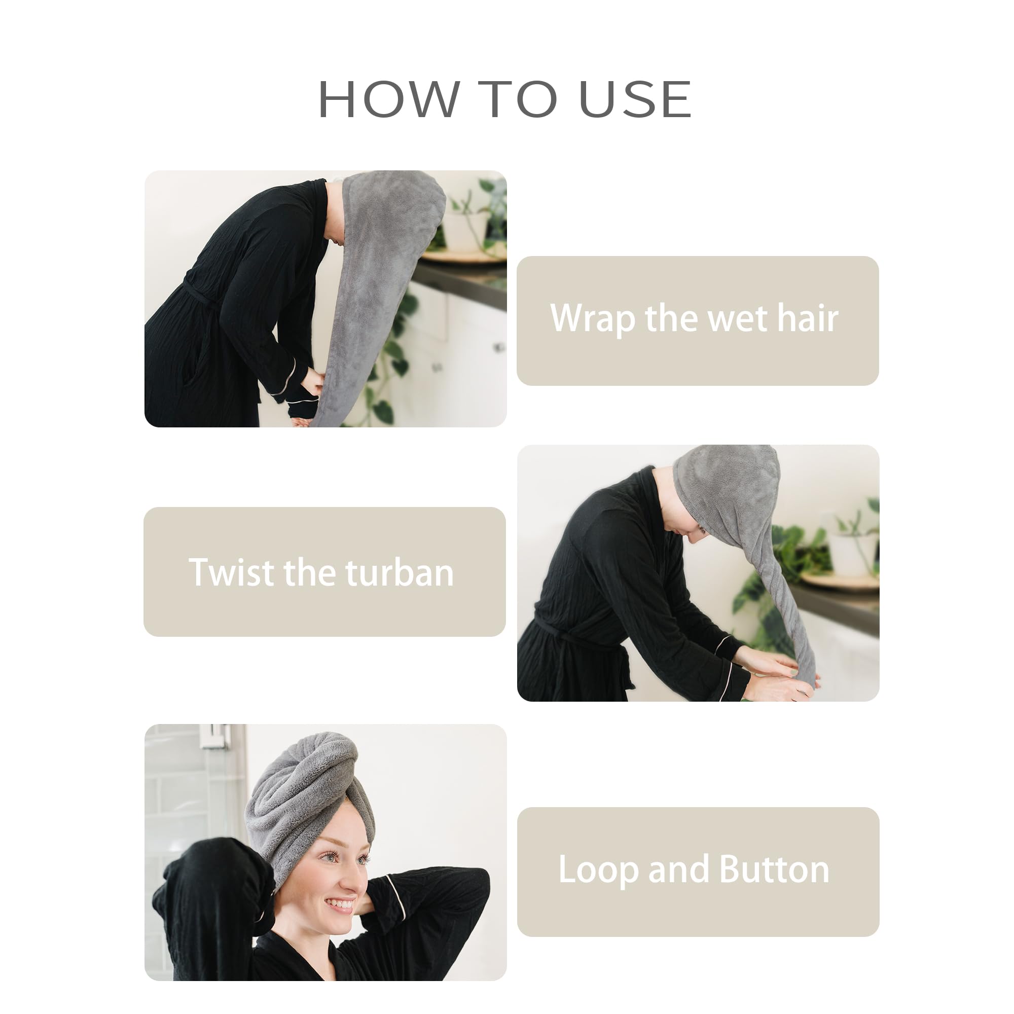 ROLSHOL Extra Großes 4er-Pack Mikrofaser-Haartuch zum Wickeln für Frauen Super saugfähige & schnell trocknende Haartrocknertücher mit Knopf, Haarturbane für lockiges Haar Langes & kurzes Haar