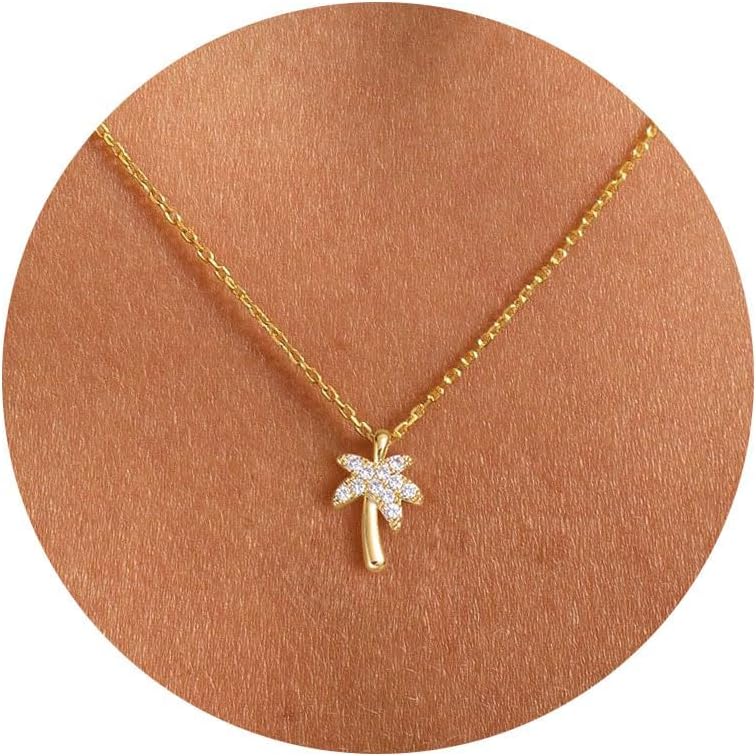 VRIUA Palm Tree Necklace for Women 14K Gold Plated Dainty Cubic Zirconia Coconut Simple Jewelry Everyday Necklaces for Women