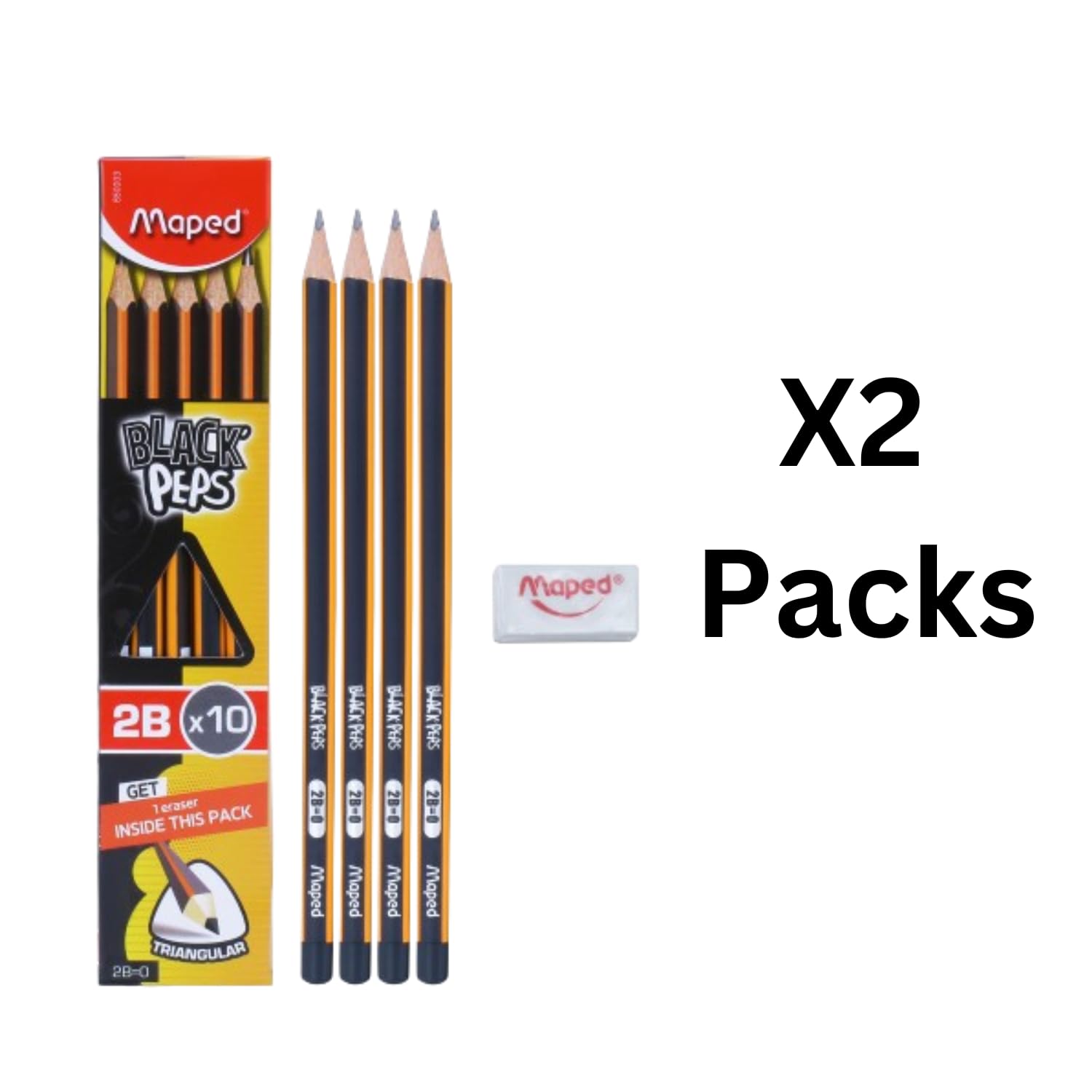 Maped 2B Bleistift-Set mit 2 x 10 Stück, Schreibstifte, Set enthält 20 Graphitstifte, 8 Radiergummis und 2 gratis Radiergummis innen, dreieckige Form für einfachen Halt, weich und extra dunkel, feine