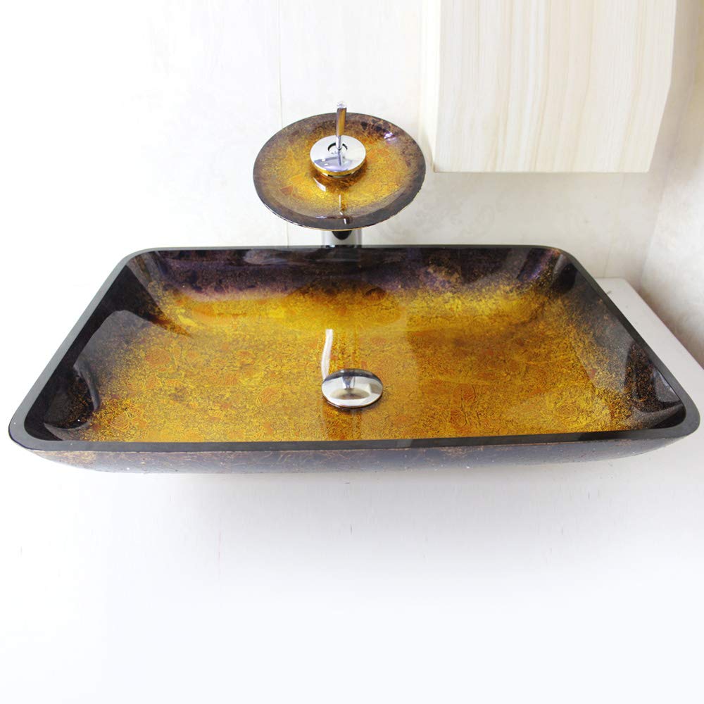 Vasque verre trempé lavabo salle de bain avec robinet cascade noir rectangle à poser