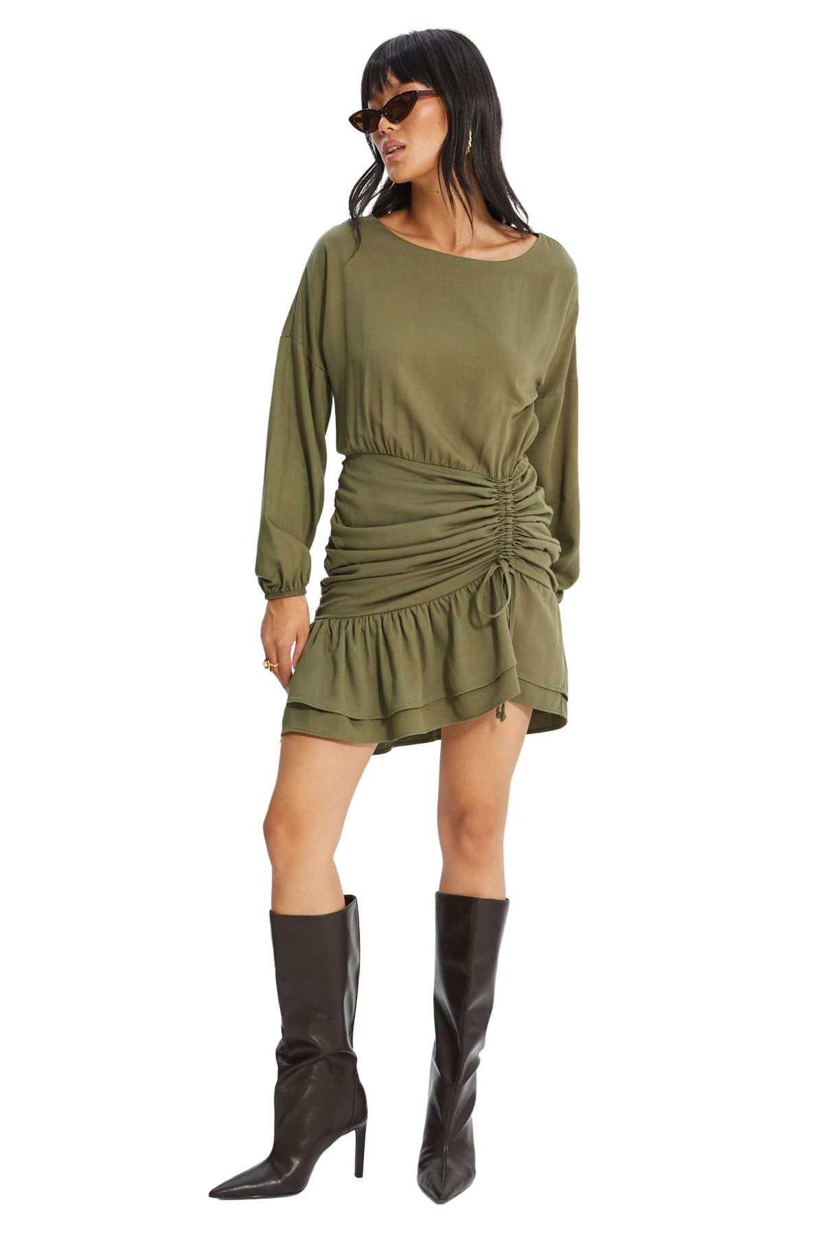 Trendyol Damen Khaki Regular Gerüschter Saum Rundhalsausschnitt Webstoff Kleid, 42