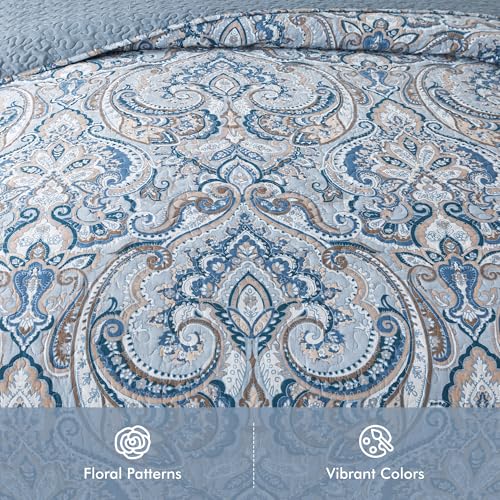 Etwel Lightweight Cotton Queen Size Quilt Set - Breathable Reversible Bedspread for Hot Sleepers, Farmhouse Floral Bedding Set with 2 Pillow Shams for All Season (90"x98", Paisley Blue-Gray) by Etwel - Used condition - Image 2