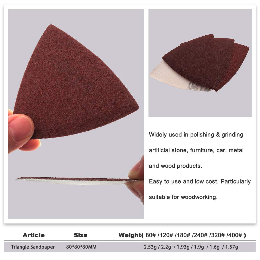 Trójkątne arkusze ścierne papier ścierny, 20 sztuk trójkątnych papierów ściernych z rzepem 80 * 80MM do tarcz szlifierskich do narzędzi oscylacyjnych 3-1/8" o gradacji 40-400(120)