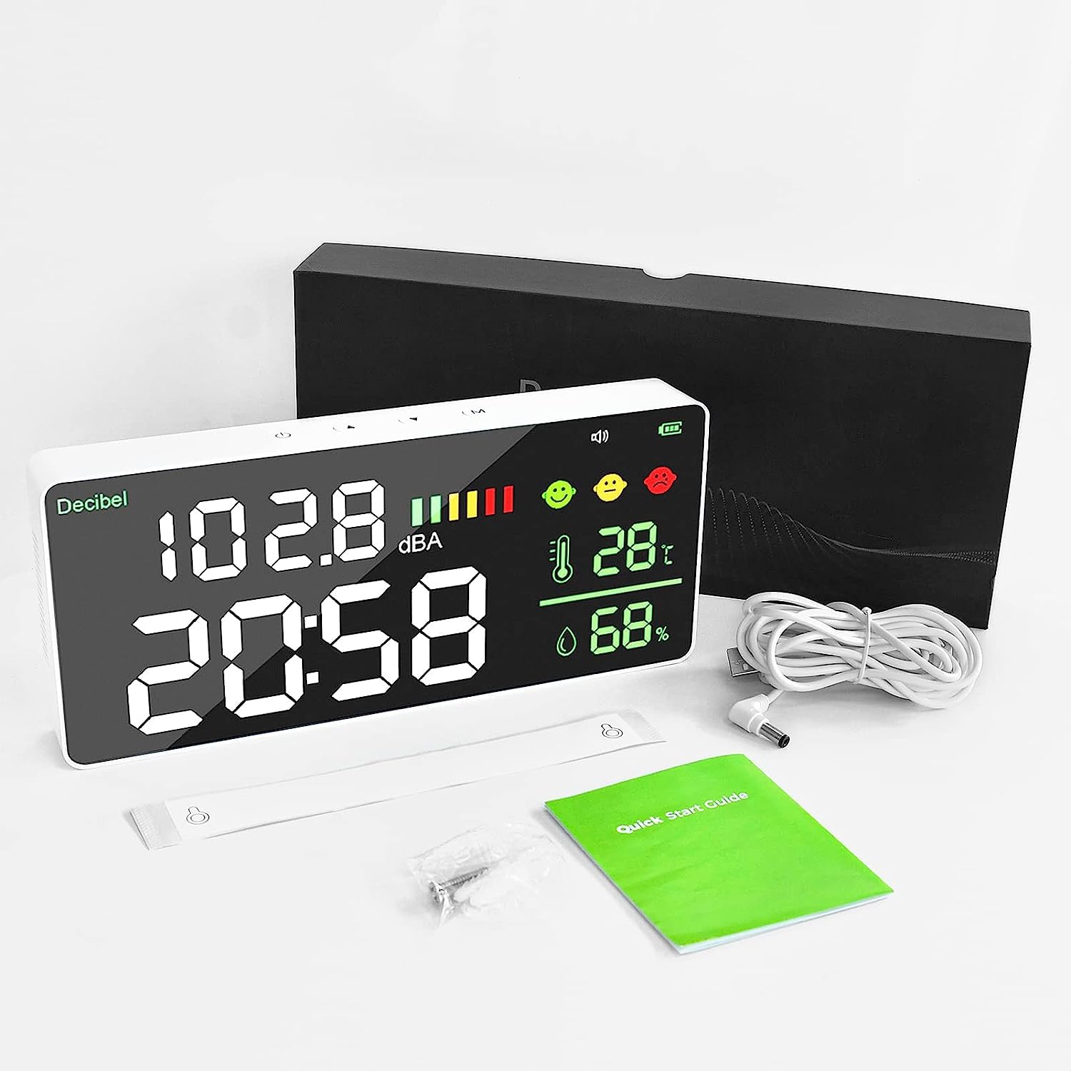Kethvoz Sonometre Decibel Mesureur, Murale Bruit Testeur Horloge Mesure Niveau Sonore Humidité Température avec 11 pouces Ecran Affichage, Decibelmetre pour Salle de Classe Studio Hôpital