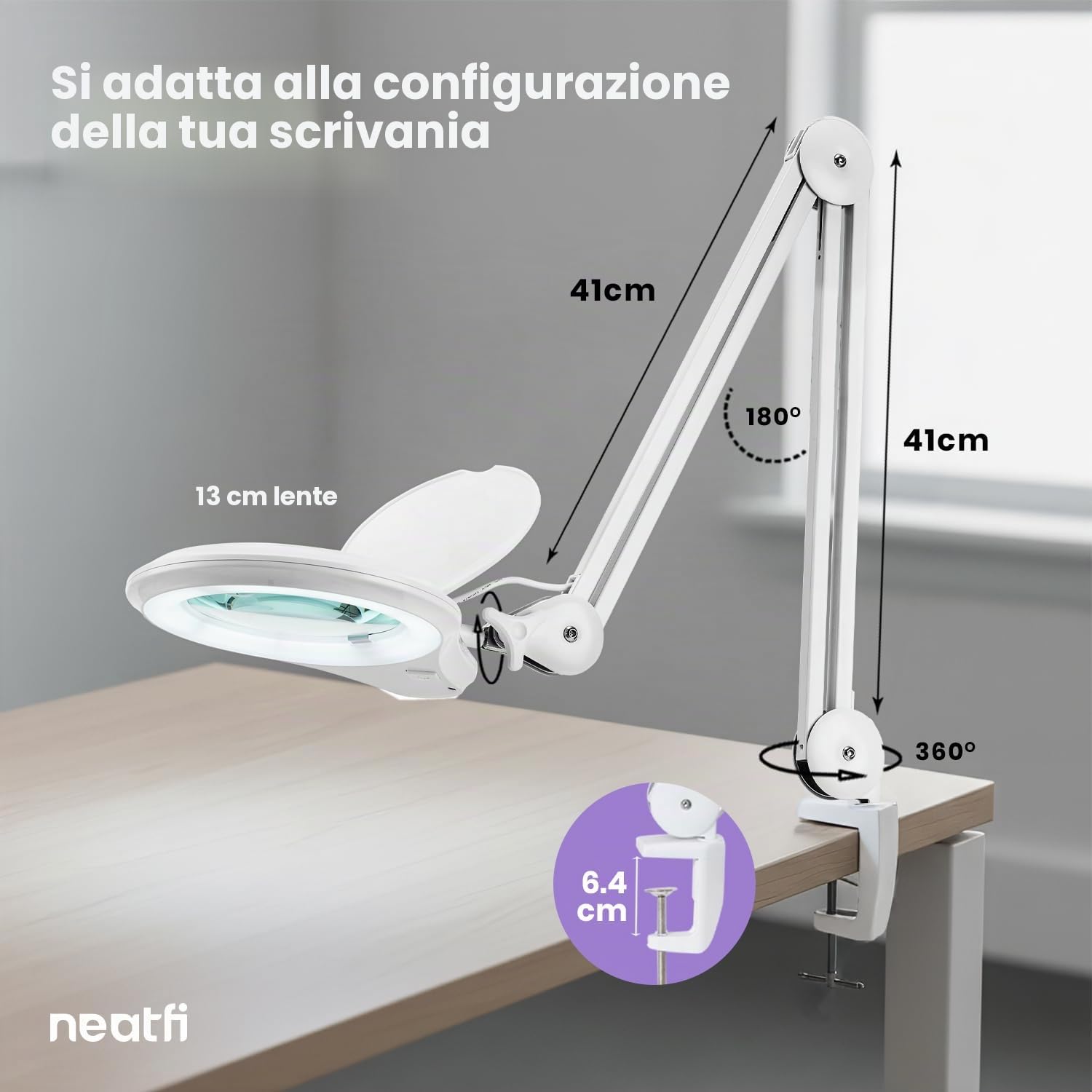 Neatfi (Nuovo Modello) 1.200 lumen Super LED lampada con morsetto, dimmerabile, lente da 13 cm, 60 LED SMD, braccio regolabile (Bianco, 8 Diottrie)