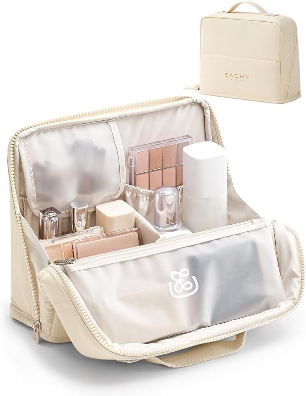 Standing Makeup Bag - Large Waterproof Cosmetic Bag & Toiletry Bag Organizer with Phone Holder, Detachable Dividers, Wipe-Clean Brush Pouch for Women