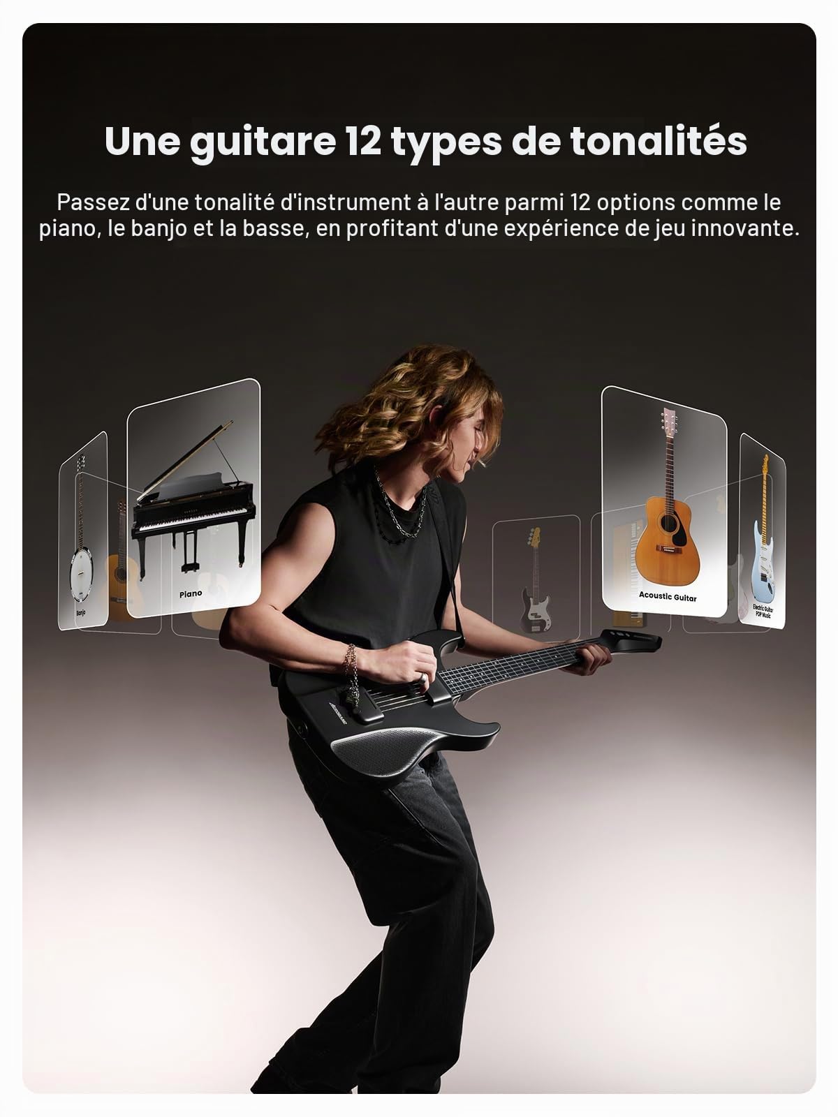AeroBand Guitare électrique acoustique de voyage sans guitare, portable et silencieuse avec touche amovible, guitare intelligente pour débutants, adultes, adolescents, cadeau
