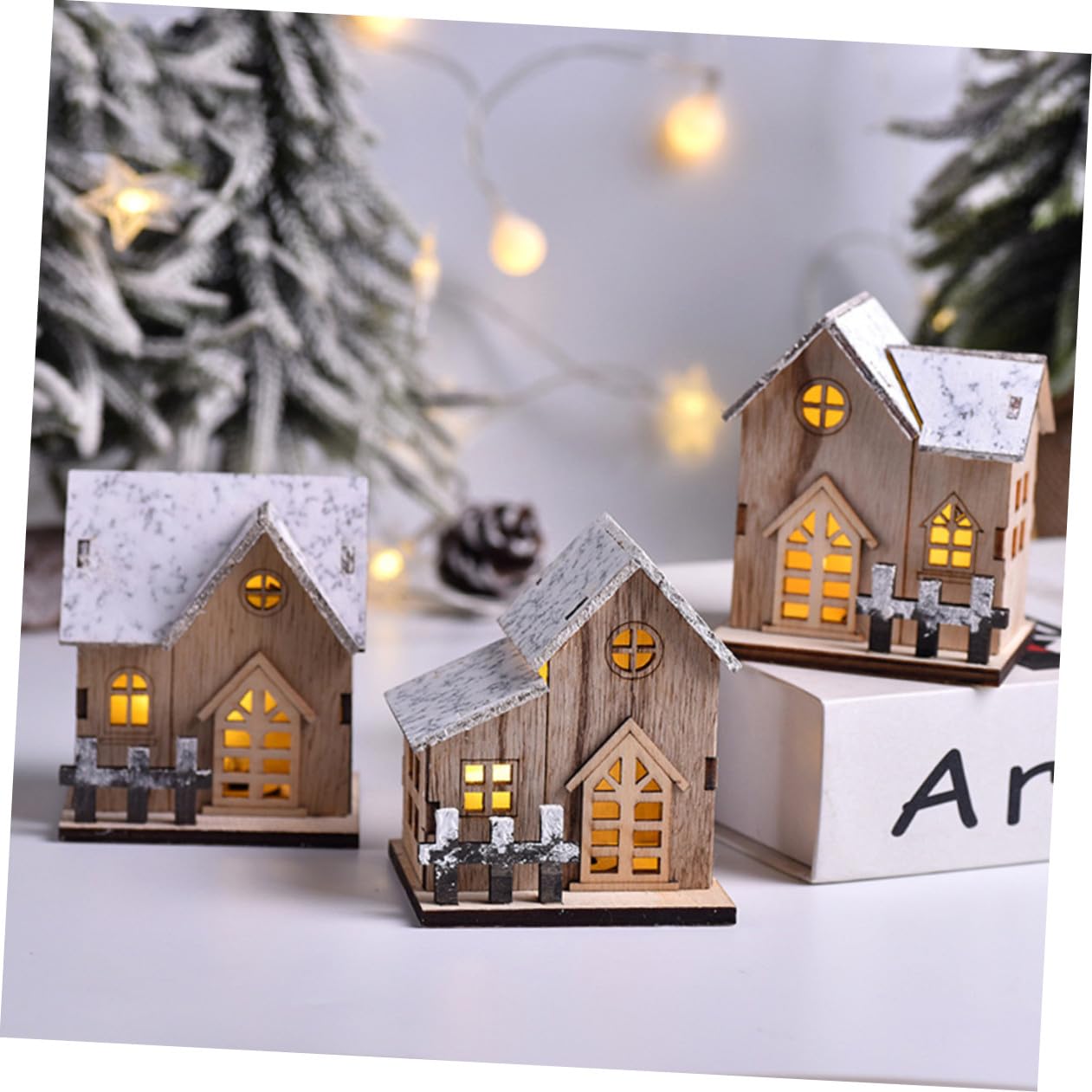 Decorazioni Natalizie in Legno a Forma Di Casa Luminosa 3 Pezzi, Ornamenti Artigianali Luce Led Per Decorazione Da Tavolo Festa Natale Soggiorno