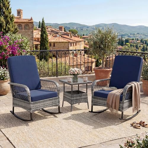 3 pcs Outdoor Rocking Bistro Set, Wicker Rocking Bistro Set with Thick Cushions, Outdoor Rocker Chairs and Coffee Table for Porch, Backyard or Garden (Gray&Blue)