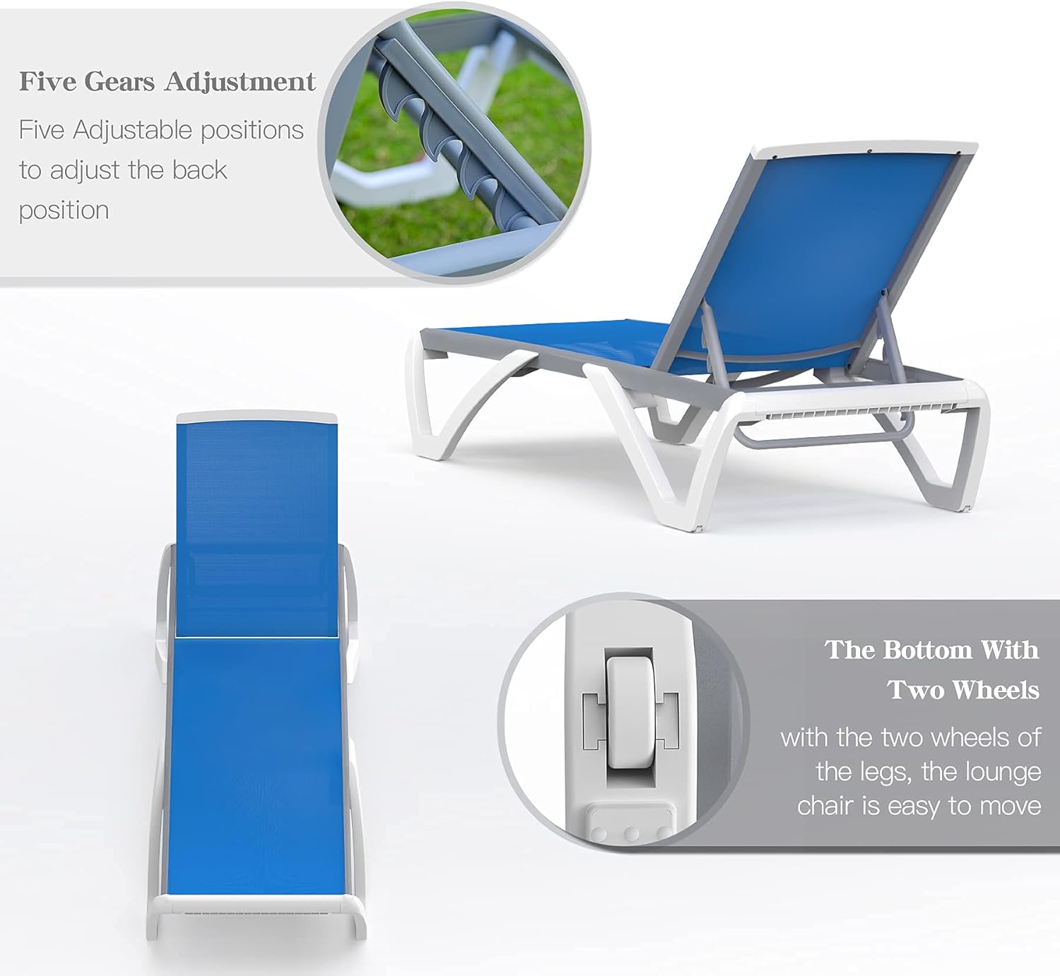 Domi Patio Chaise Lounge Chair Set of 3,Outdoor Aluminum Polypropylene Sunbathing Chair with Adjustable Backrest,Arm,Side Table,for Beach,Yard,Balcony,Poolside(2 Blue Chairs + 1 Side Table)