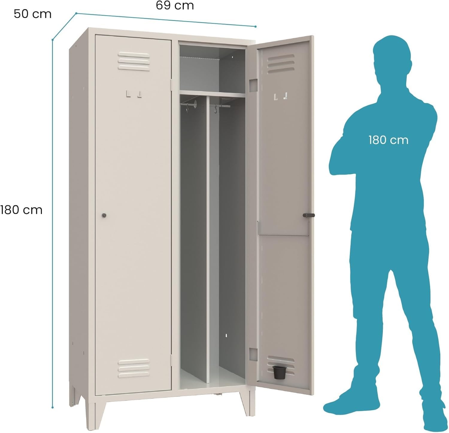 XLOCKERS Armadio Spogliatoio Monoblocco 2 Posti in Metallo - Armadio Robusto Made In Italy con Divisorio Sporco/Pulito - Grigio RAL 7035-69x50x180cm