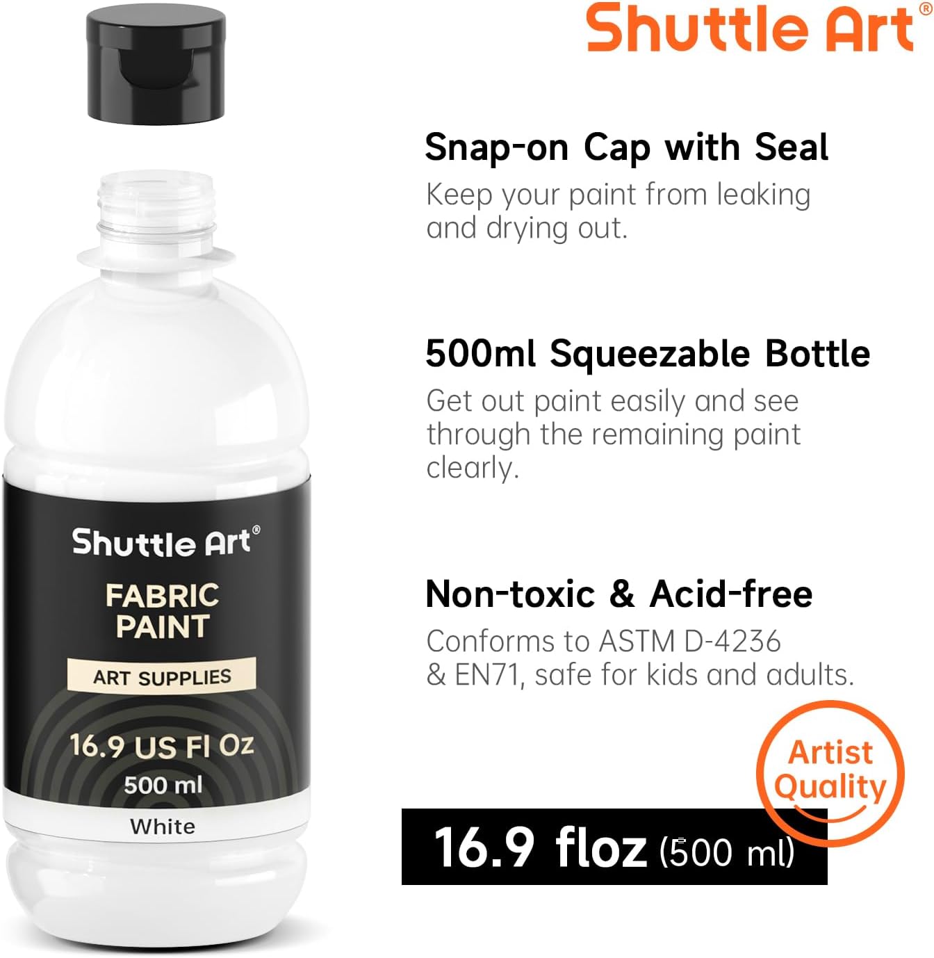 Shuttle Art White Fabric Paint, 16.9 oz(500 ml) Permanent Fabric Paint for Furniture, Sofa, Cushions, Clothes, Soft Non-Toxic Textile Paint for Color Changing, Renewal & Art Creations