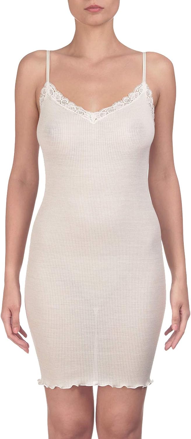 Oscalito Women's Lettuce Edge Ribbed Wool&Silk V-Neck Chemise Lounge Dress with Lace 3409