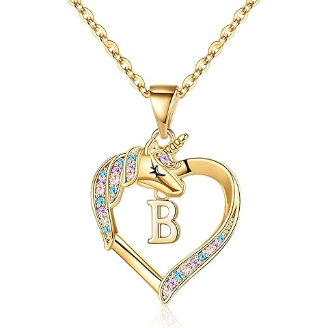 Hidepoo Unicorn Necklace Gifts for Girls - 14K-Gold-Plated Colorful CZ Heart Necklace Girls Jewelry Initial Unicorn Necklaces for Girl Birthday Gifts
