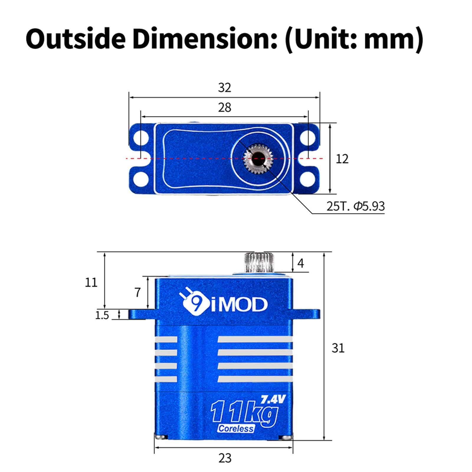 Servo micro servo impermeable de alto par para dirección de automóvil TRX4M TRX4MT 1/18 RC Crawler, piezas de actualización de orugas, servo digital de engranaje de metal sin núcleo de 7.4 V (ángulo