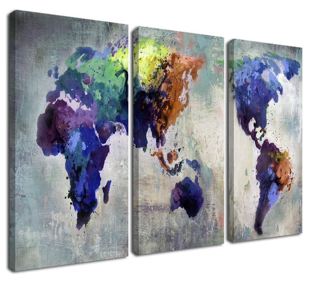 Ardemy Canvas World Map Wall Art Watercolor of The Abstract Colorful Vintage Painting Pictures, Large 3 Panels Artwork Framed Ready to Hang for Living Room Bedroom Home Office Decor
