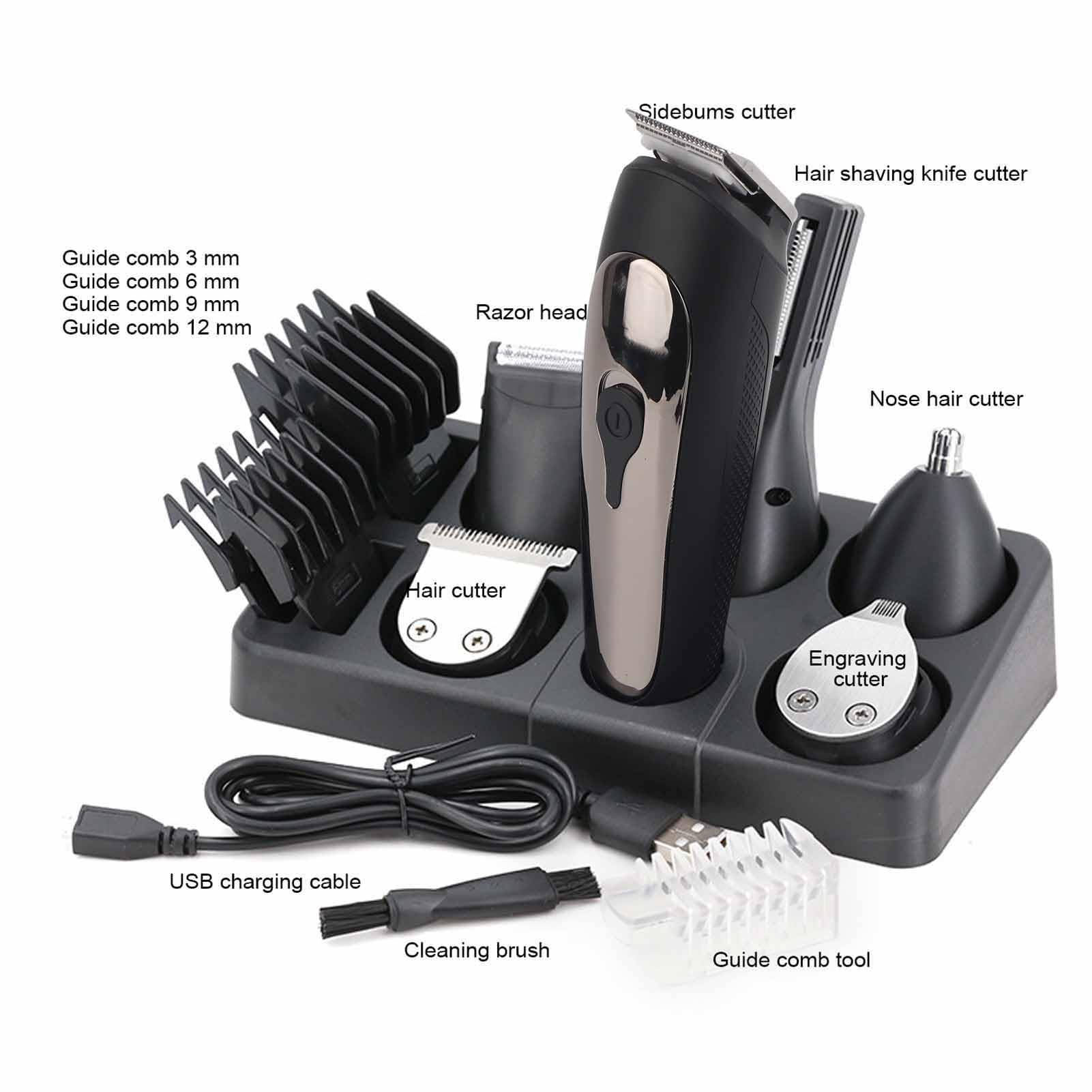 Cortapelos eléctrico profesional multifuncional para barba, peluquero corporal, cortador de pelo para nariz, juego para hombres y mujeres, cuchillas de acero inoxidable, 4 peines