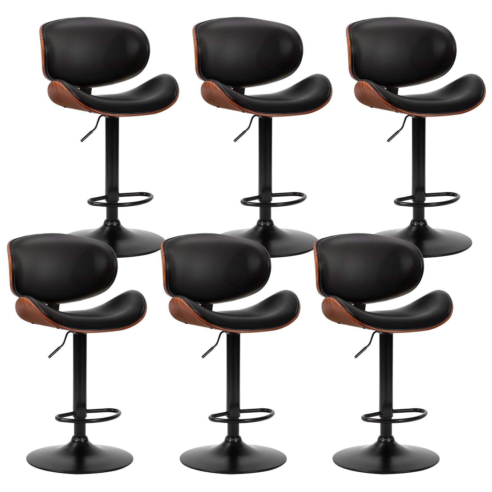 DUMOS Swivel Bar Stools Set of 6, Adjustable Counter Height Bentwood BarStools, PU Leather Upholstery Bar Chair with Ergonomic Back and Footrest,