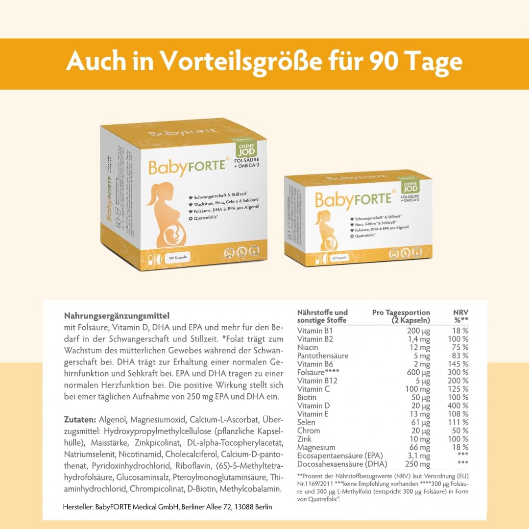 BabyFORTE® Folsäure ohne Jod + Omega-3 vegan mit Algenöl | 17 Schwangerschaftsvitamine ohne Jod + Quatrefolic® | 180 Kapseln | ab 1. Trimester